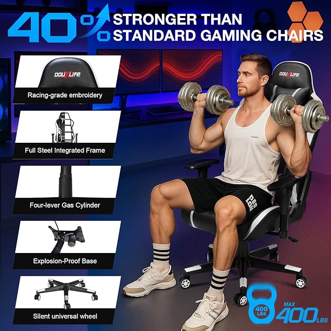 Douxlife 7-Point Massage Gaming Chair, 175° Gaming Recliner with Footrest Ergonomic Computer Office Chair High Back Video Game Chair with Lumbar Support, Upgraded Version Black and White