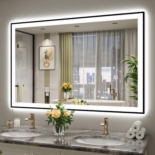 55x36 Inch LED Bathroom Mirror with Lights (Front Lit and Backlit) Black Framed Lighted Vanity Mirror for Bathroom Wall Dimmable Anti-Fog Memory Tempered Glass Horizontal/Vertical