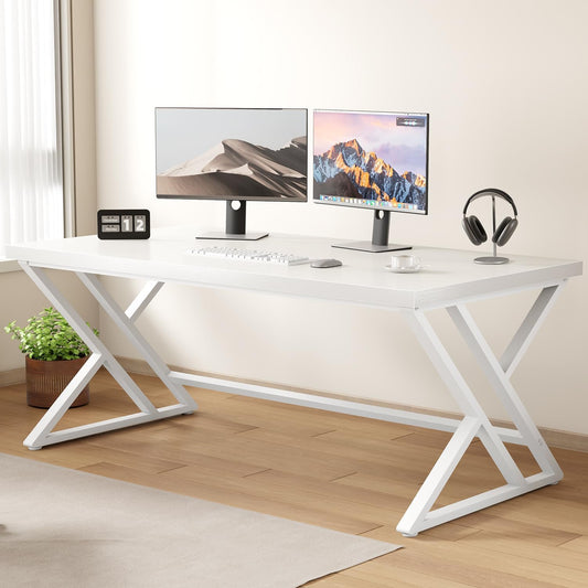 LVB Modern White Computer Desk, Long Industrial Home Office Desk for Student, Large Metal Wood Writing Study Work Desk, Farmhouse Executive Gaming Computer Table for Bedroom Living Room, White, 60 in