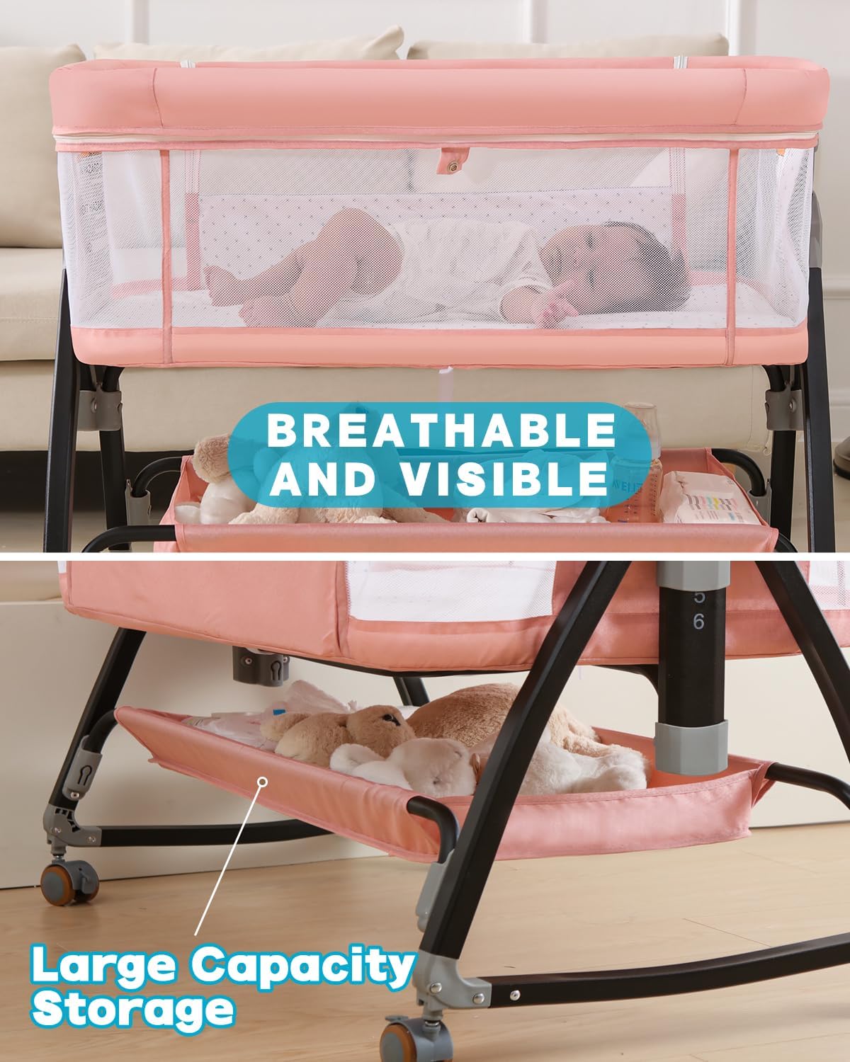 Bedside Bassinet for Baby, 3 in 1 Breathable Mesh Baby Bassinet, 6 Height Adjustable, Easy to Fold, Bassinet Bedside Sleeper with Wheels, Mosquito Net, Storage Basket, Rocking Bassinet for Baby, Pink