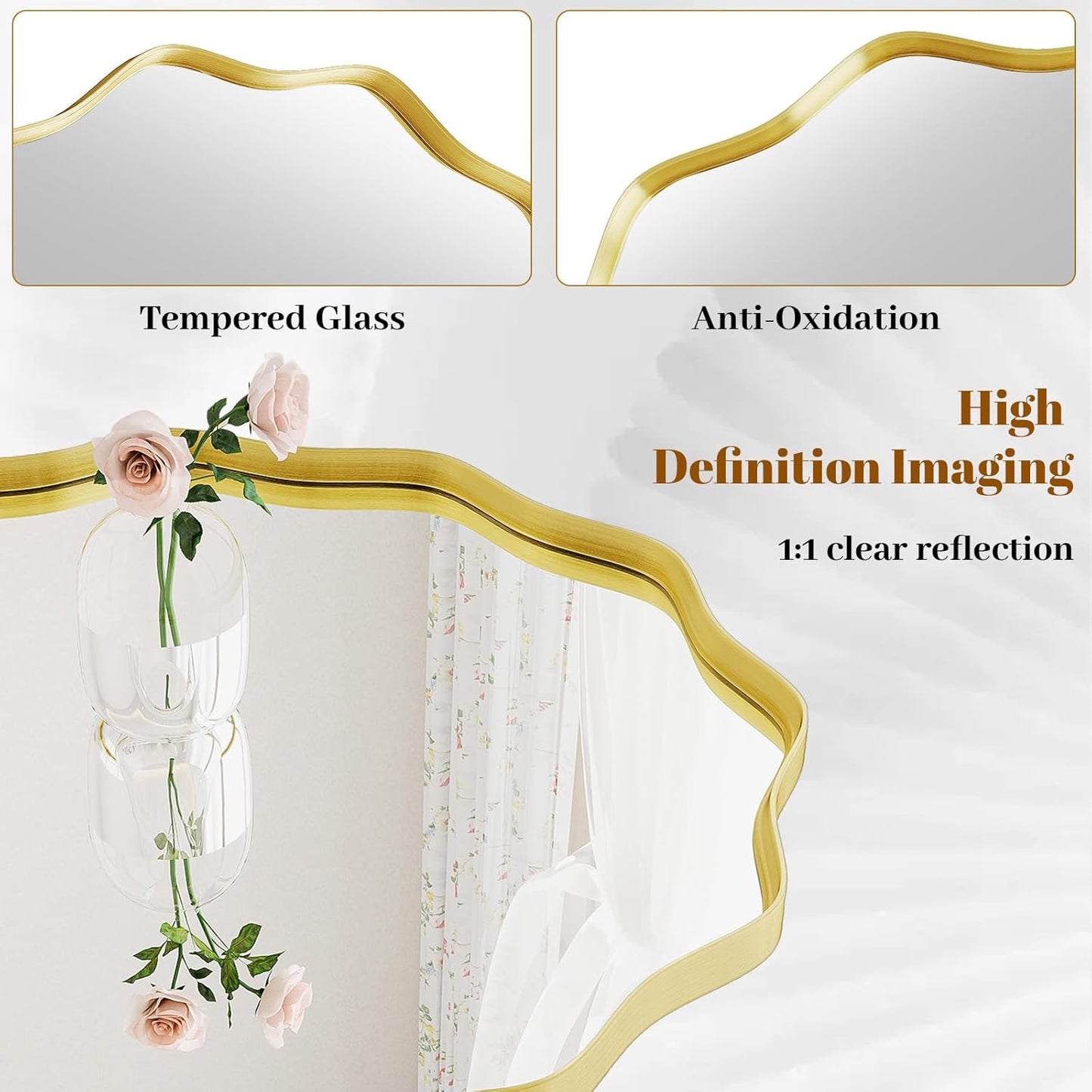 Round Wavy Mirror, 42 Inch Metal Frame Circle Mirror, Round Wall Mounted for Entryway, Bathroom, Vanity, Living Room, Gold