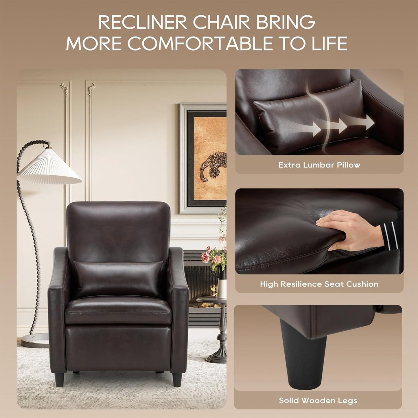 COLAMY Pushback Electric Recliner Chair, Premium Leather Upholstery with Adjustable Angles, Extra Lumbar Pillow, Built-in Charging Port, Business-Casual Style for Living Room（Brown