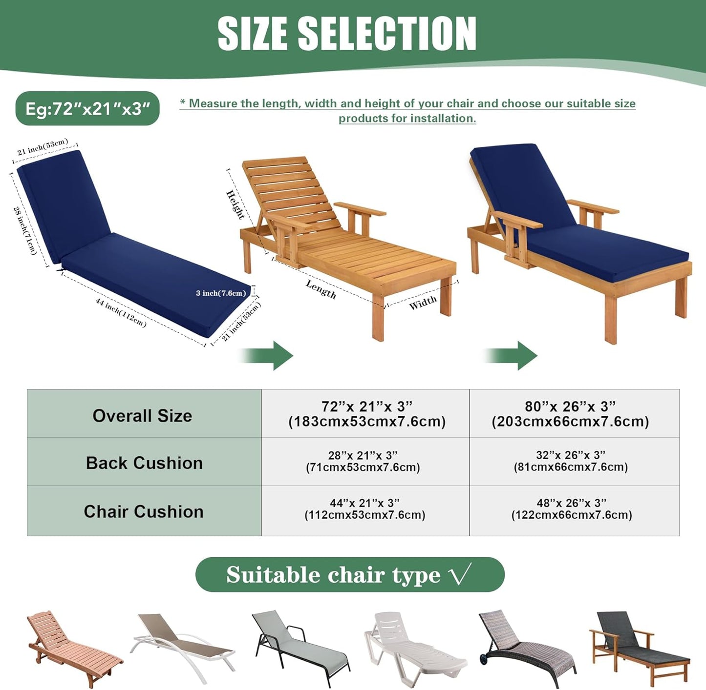 Chaise Lounge Cushions Outdoor Set of 4 - Waterproof and Fade Resistant Sun Lounger Replacement Cushions - Patio Lounger Pads with Removable Cover for Pool, Deck, 72 x 21 x 3 Inch, Navy