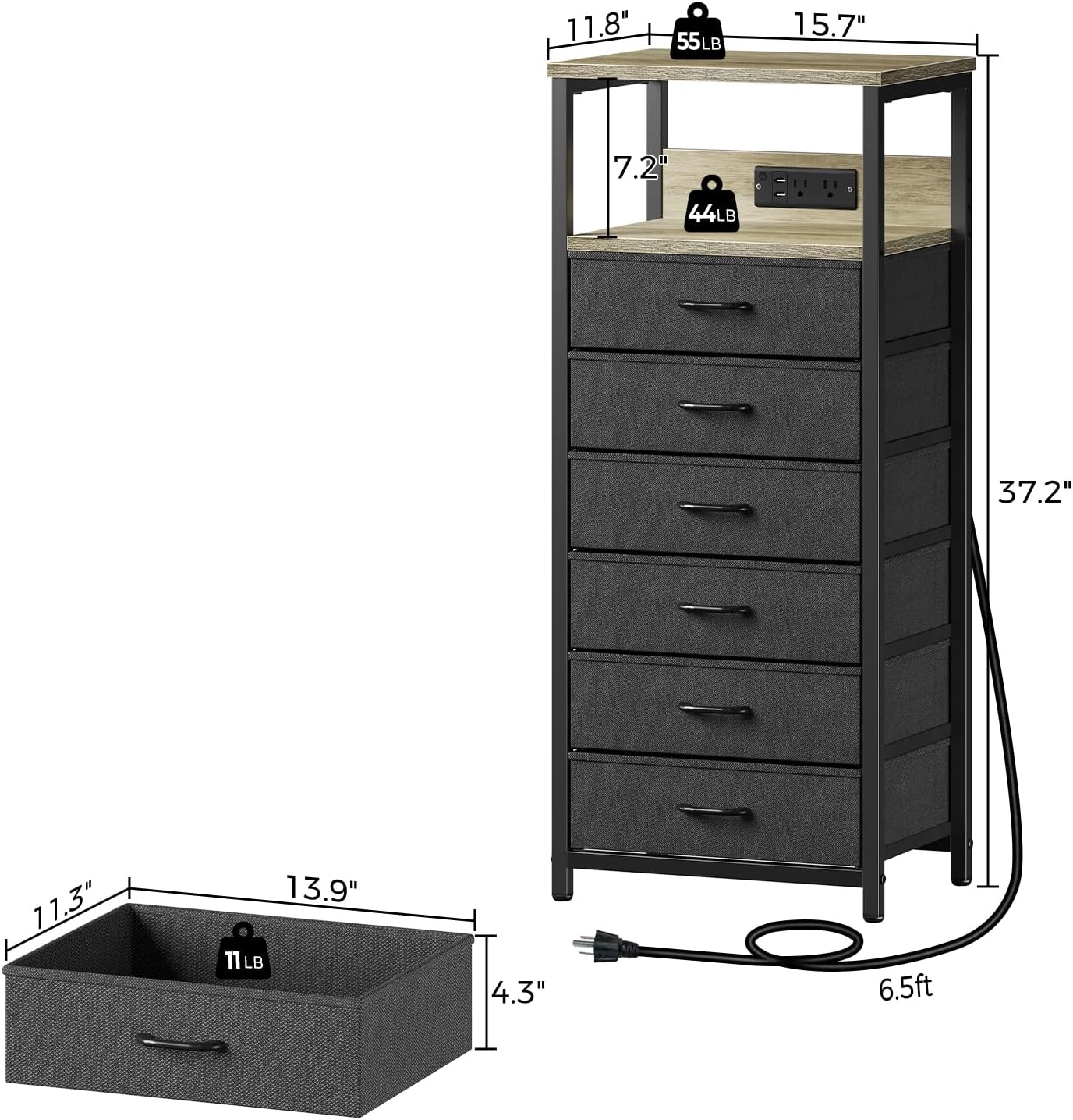 Seventable Night Stand with Charging Station, Tall Nightstand with 6 Fabric Storage Drawers, Side Table with LED Light for Bedroom, Entryway, Greige, Set of 2