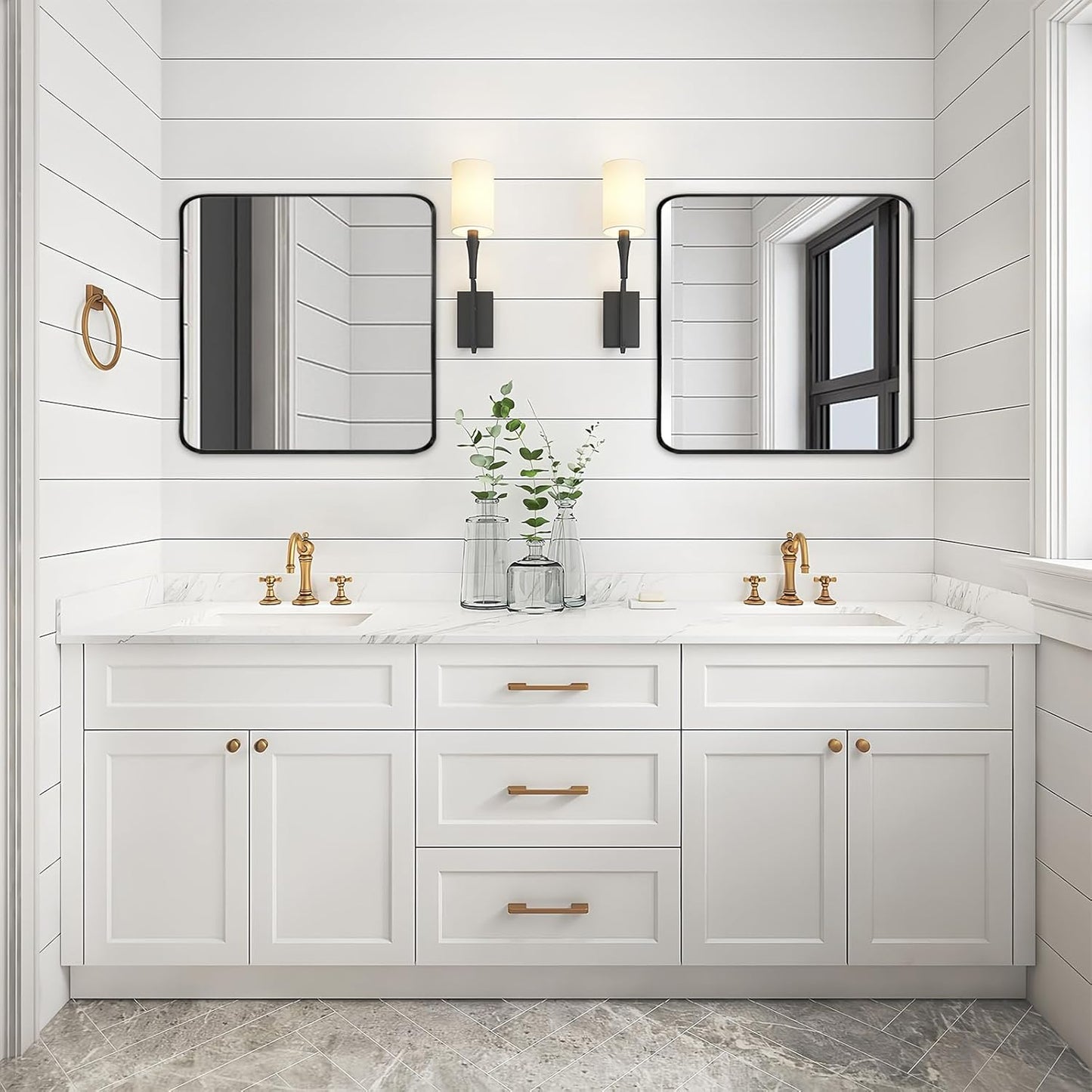 Wall Mount Mirror for Bathroom, Brushed Black Metal Framed Rounded Corner Square Rectangular Vanity Mirror (30" x 30", Black)
