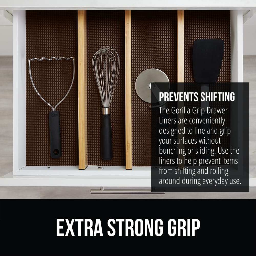 GORILLA GRIP powerGRIP Drawer Shelf and Cabinet Liner, Thick Strong Hold, Non-Adhesive Liners Protect Kitchen Cabinets and Cupboard, Bathroom Drawers, Easy Install, Breathable Mat, 12" x20', Chocolate