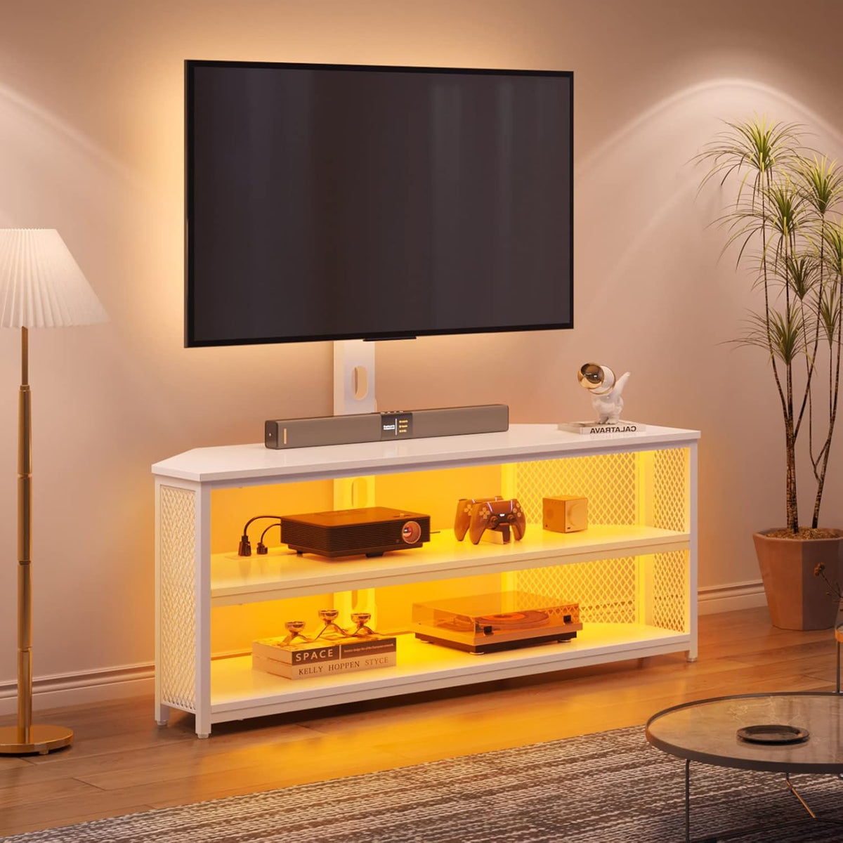 Rolanstar TV Stand with Mount and Power Outlet, Swivel TV Stand with LED Lights for 32/45/55/60/65/70 inch TVs, White Entertainment Center Media Console with Height Adjustable Mount