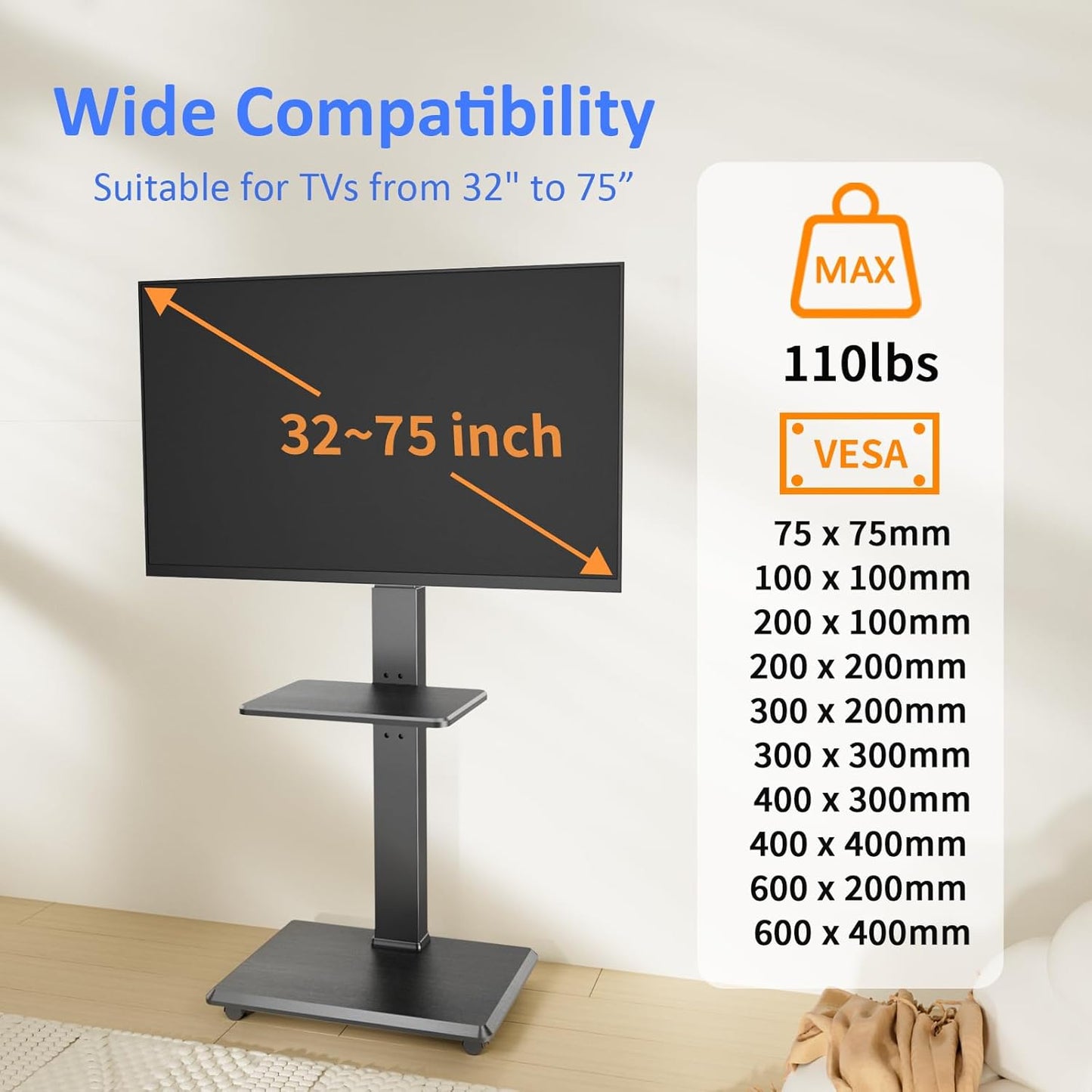 Rolling TV Stand, Mobile TV Cart for 32-75 Inch TVs up to 110 lbs, 18 Adjustable Heights, TV Floor Stand with Swivel Mount & Shelf, Max VESA 600x400mm, TV Stand on Wheels for Bedroom, Office, Outdoor