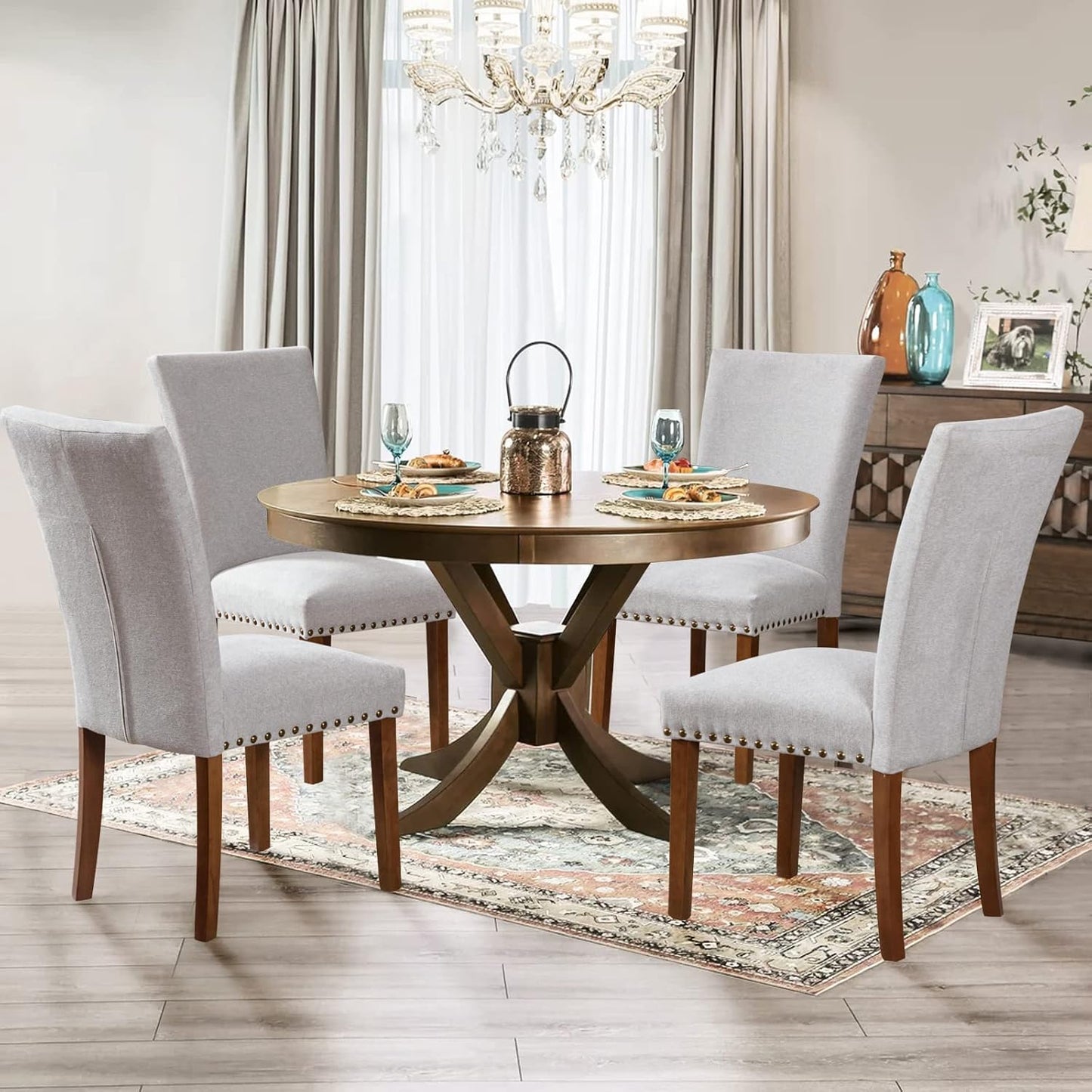 Parsons Dining Chairs Set of 2, Upholstered Nailhead Dining Room Kitchen Side Chair with Thick Cushions and Wood Legs, Light Grey