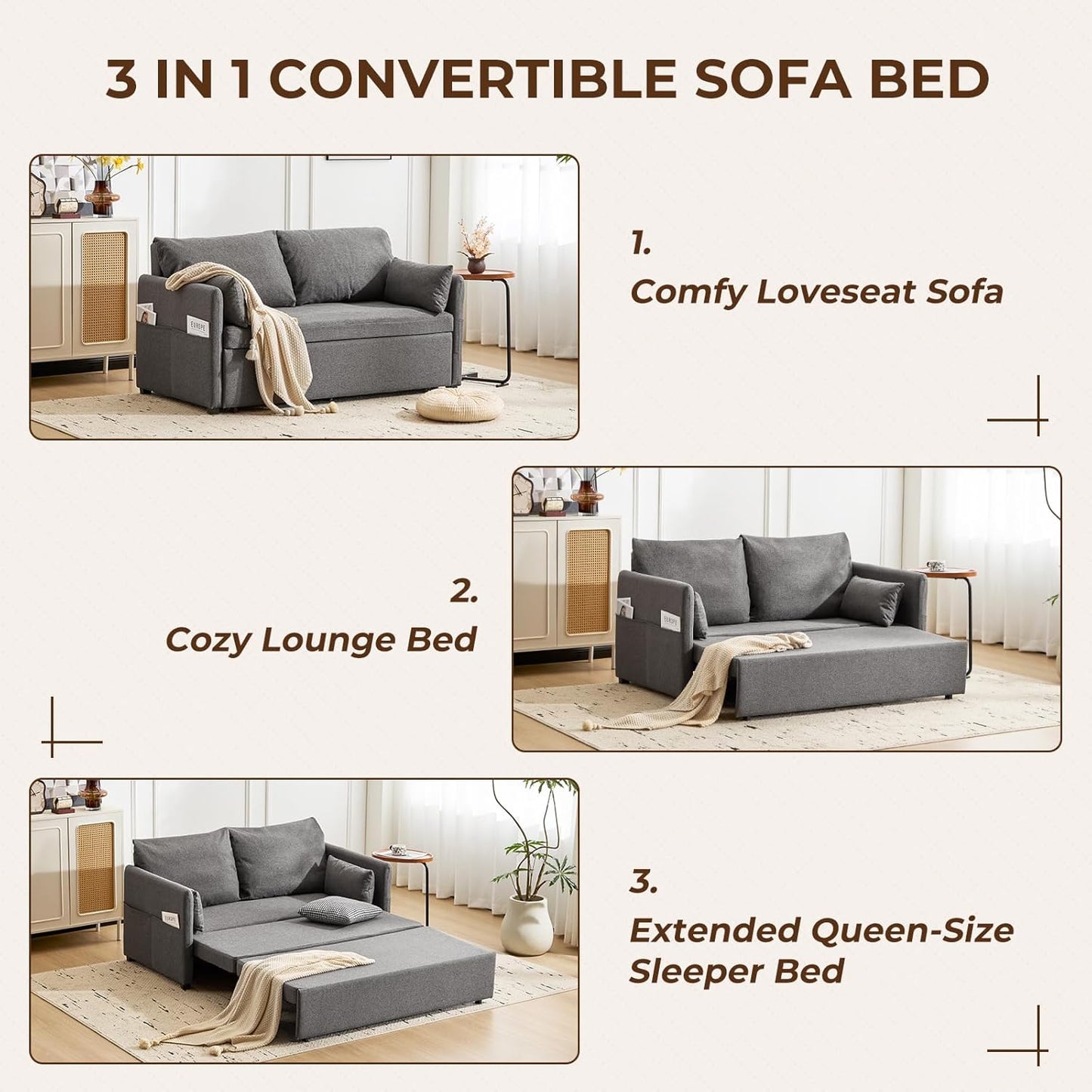 Furnimart 62" Queen Size Pull Out Sofa Bed, 3 in 1 Convertible Sleeper Bed with 6-Position Adjustable Backrest & Side Pockets, Modern Linen Loveseat Futon Couch for Living Room, Apartment, Dark Grey