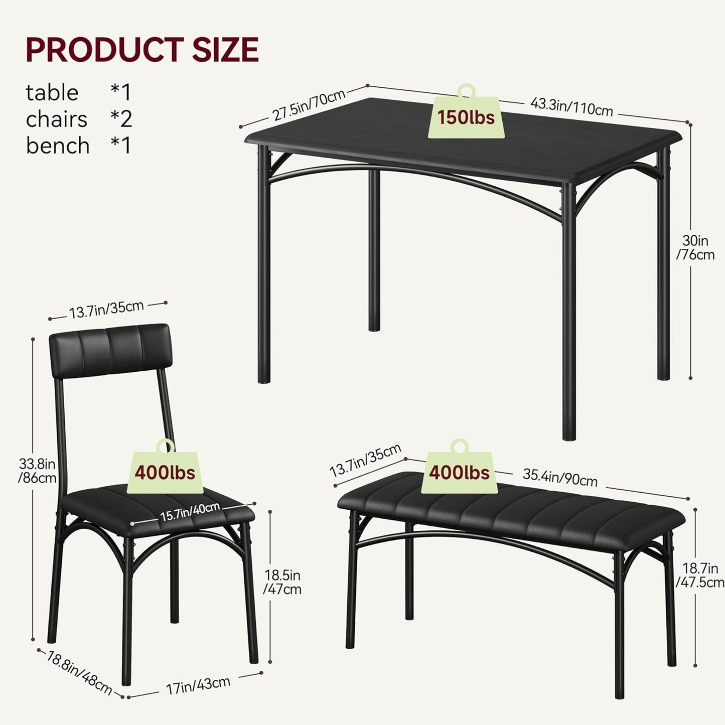 GAOMON Dining Table Set for 4 with Upholstered Bench and 2 Chairs, Rectangular Dining Room Table Set for 4 for Small Space, Apartment, Dinner, Rustic Black