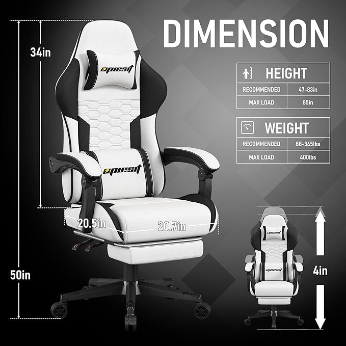 Gaming Chair, Fabric Computer Chairs with Lumbar Support and Massager, Ergonomic Office Chair with Footrest & Pocket Spring Cushion, Bearing 400 LBS（White）