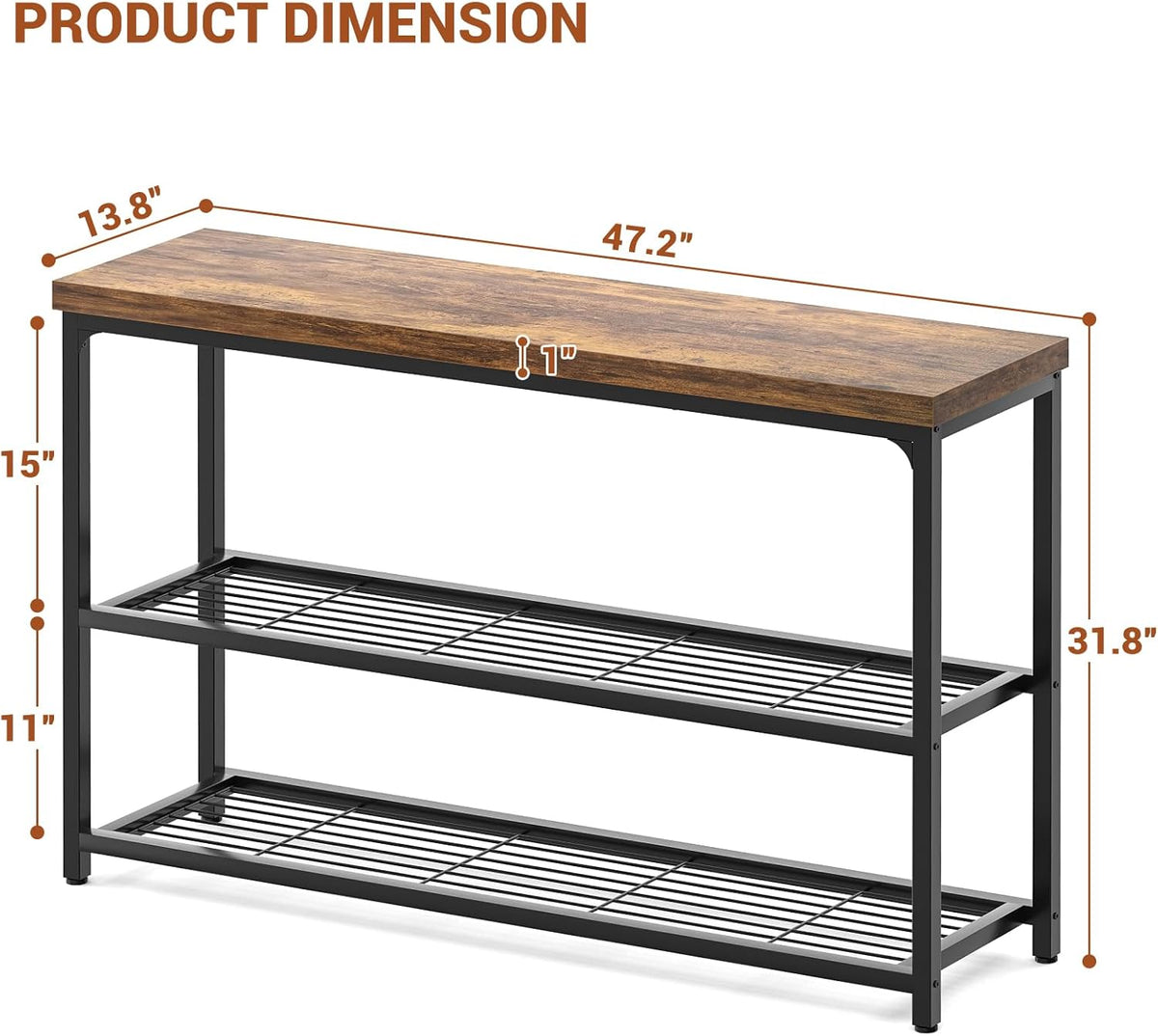 47" Console Table, 3-Tier Entryway Table, Sofa Table with Mesh Shelves, Console Tables for Living Room, Bedroom, Hallway, Entryway, Foyer, Rustic Brown