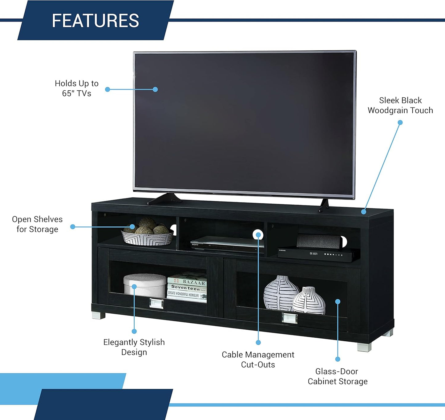 Techni Mobili TV Stand for 55+ Inch TV - Durbin Entertainment Center for 65 Inch TV - Living Room & Media Furniture with Glass Storage Cabinet Drawers, Shelves, & Cable Management Opening - Black