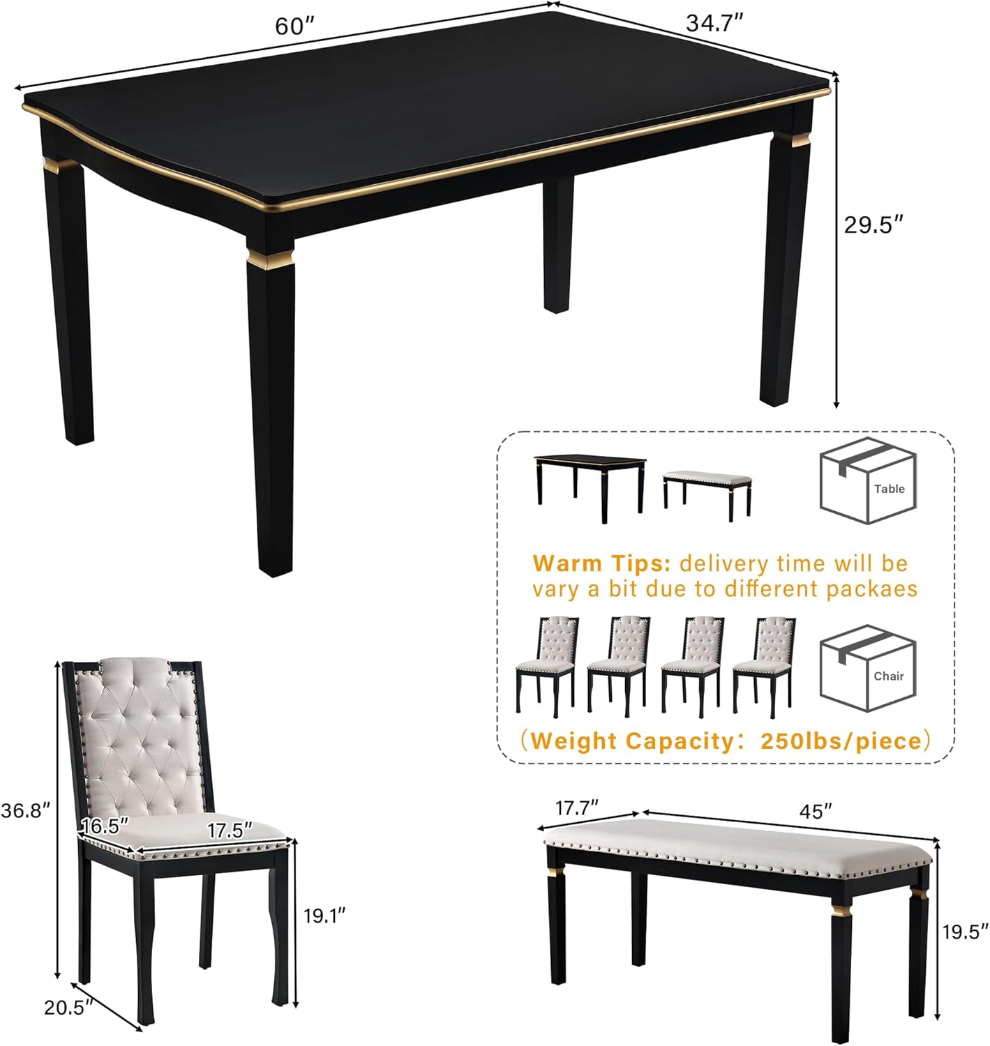 Merax 6-Piece Kitchen Dining Table Set, 62.7" Rectangular with 4 High-Back Tufted Chairs & 1 Bench for Kitchen Room, Black