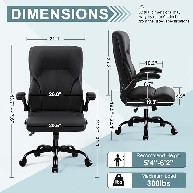 Executive Office Chair,High Back Ergonomic Comfy Desk Chair with Padded Flip-up Armrests and Wheels,PU Leather Heavy Duty Computer Swivel Rolling Task Chair for Home Office,Adults,White