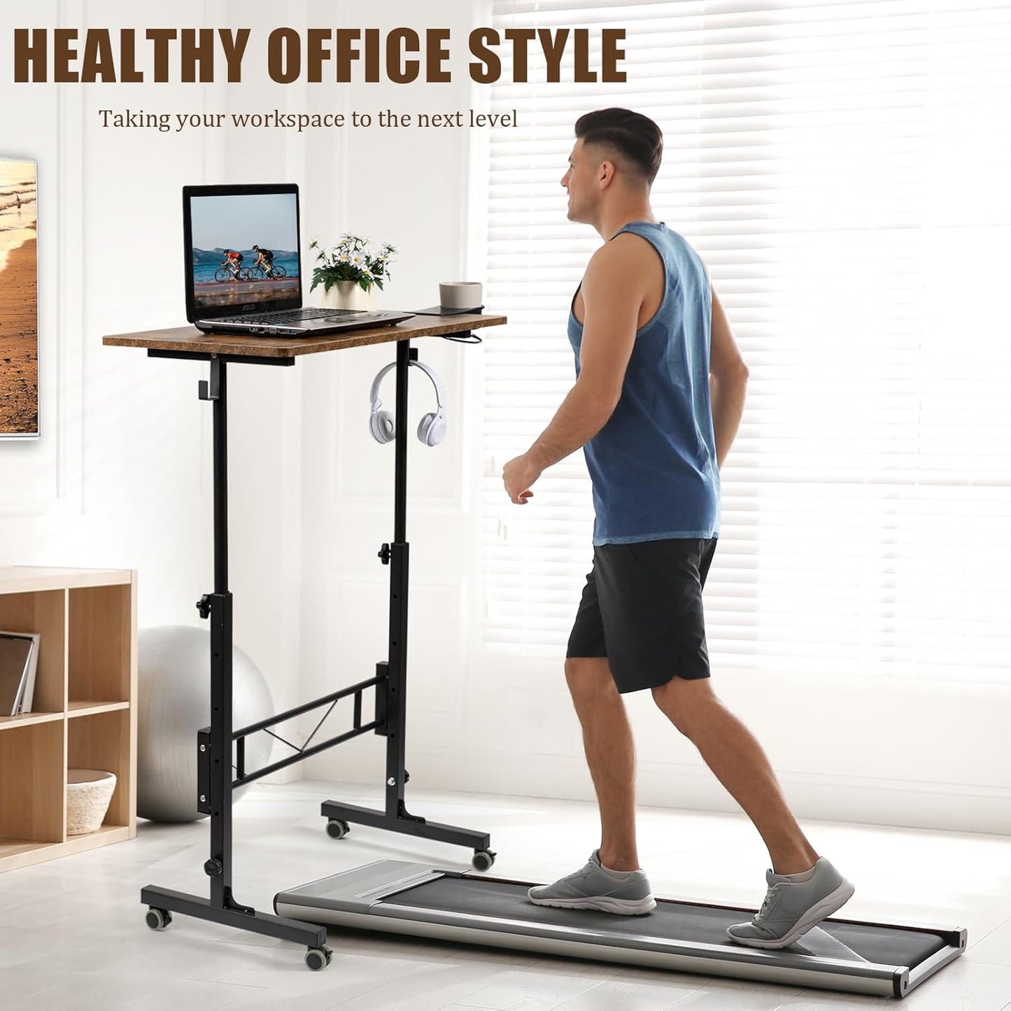 SIDUCAL Standing Desk Adjustable Height, Small Mobile Stand Up Desk with Wheels, Portable Computer Desk for Walking Pad, Rolling Table for Home Office Classroom, Rustic Brown