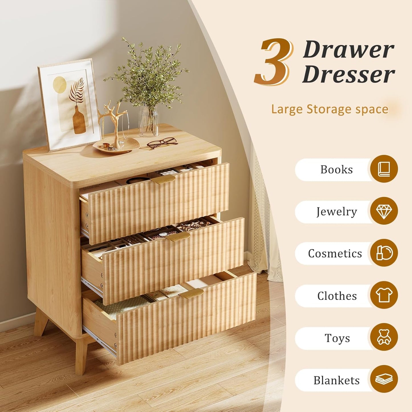 LYNCOHOME Fluted Nightstand with 3 Drawers, Modern Wood Chest of Bedside Table with Curved Profile, Fluted Dresser Organizer for Bedroom