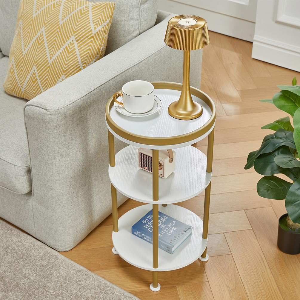 Small Round End Table with Charging Station, 3-Tier Accent Couch Beside Table with USB Ports & Power Outlets, Sofa Side Table for Living Room Small Nightstand Bedroom (Classic, White+Gold)