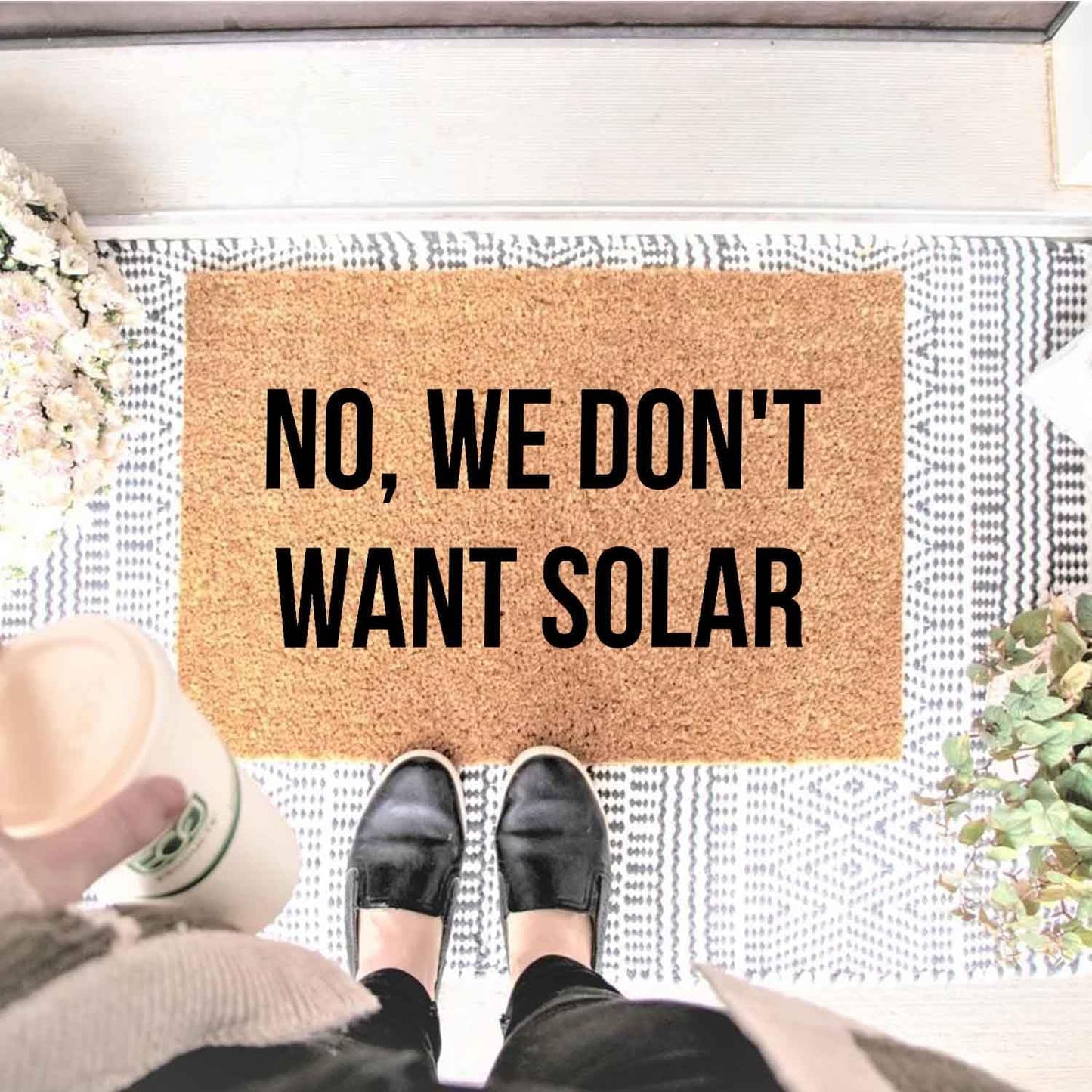 Funny Coir Doormat with No, We Don't Want Solar - Front Door Mat, Entryway Welcome Mat, 23.7 x 15.7 inch