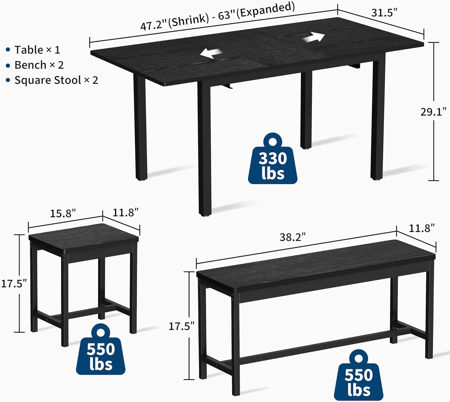 GarveeHome 5-Piece Dining Table Set for 4-8 People, 63" Large Extendable Kitchen Table Set with 2 Benches and 2 Square Stools, Modern Dining Room Furniture Sets, Easy Assembly, Black