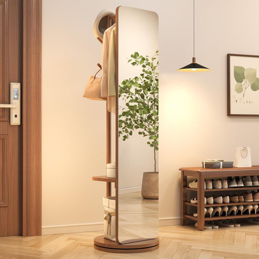70"x16"Full Length Mirror with Stand,Coat Rack with Mirror,Solid Wood Floor Mirror,Swivel Mirrorfor Bedroom, Living Room, Cloakroom