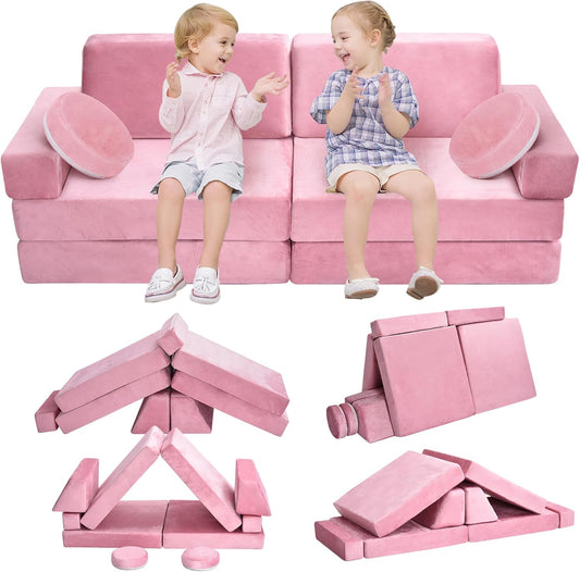 10Pcs Kids Play Couch,Toddler Sofa,Modular Kids Couch for Playing, Creativing, Sleeping (Pink)