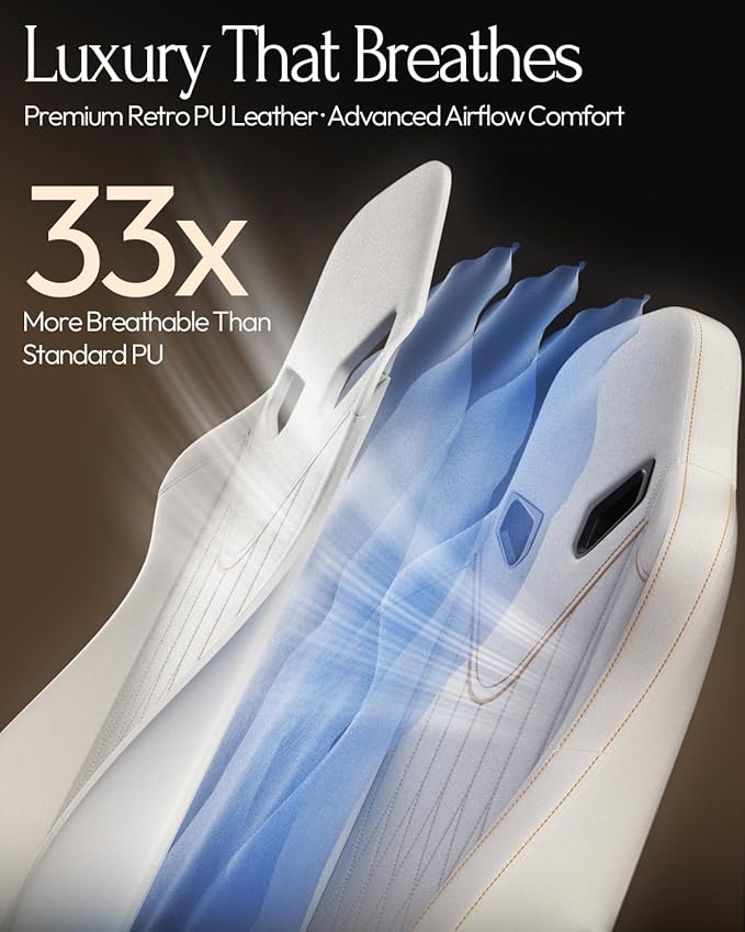 Dowinx Gaming Video Gaming Chair with Shiatsu Neck Massager and Lumbar Support for Home Office High Back Recliner Height Adjustable Ergonomic Comfy Leather Computer Desk Chair (Lvory)