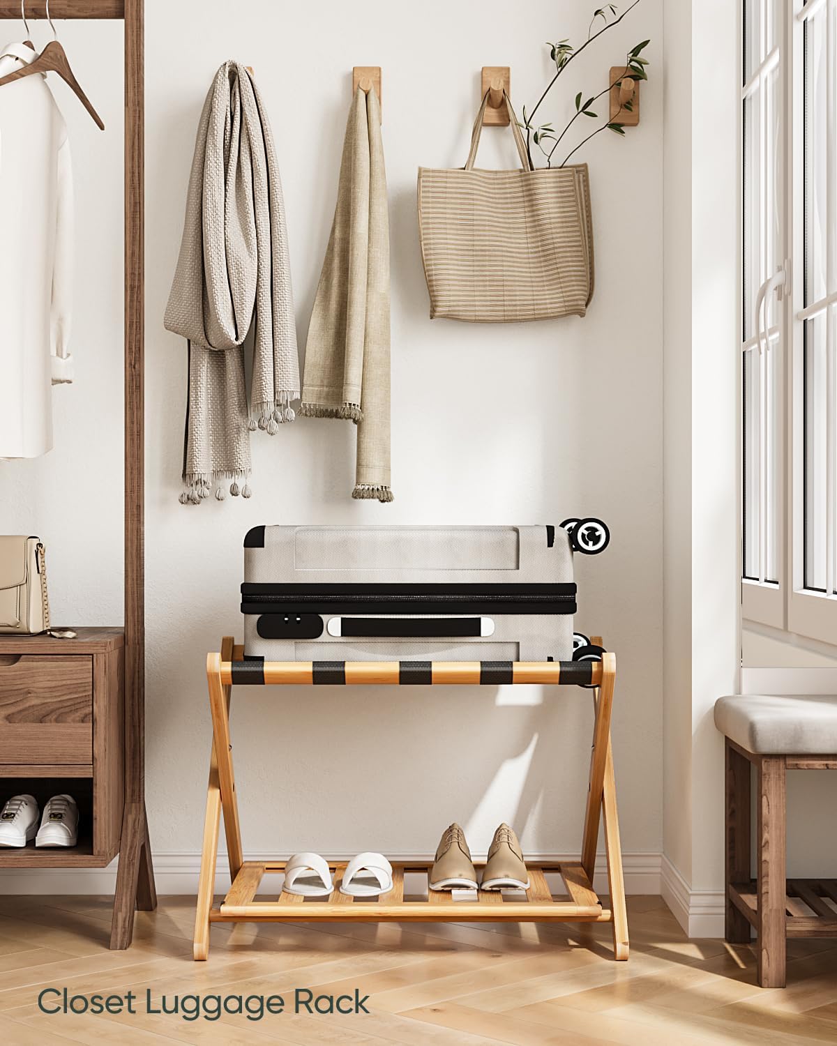 Fully Assembled Bamboo Luggage Rack, Heavy Duty Folding Suitcase Stand with Storage Shelf, Guest Room Essentials, Ideal for Bedroom, Hotel, Natural