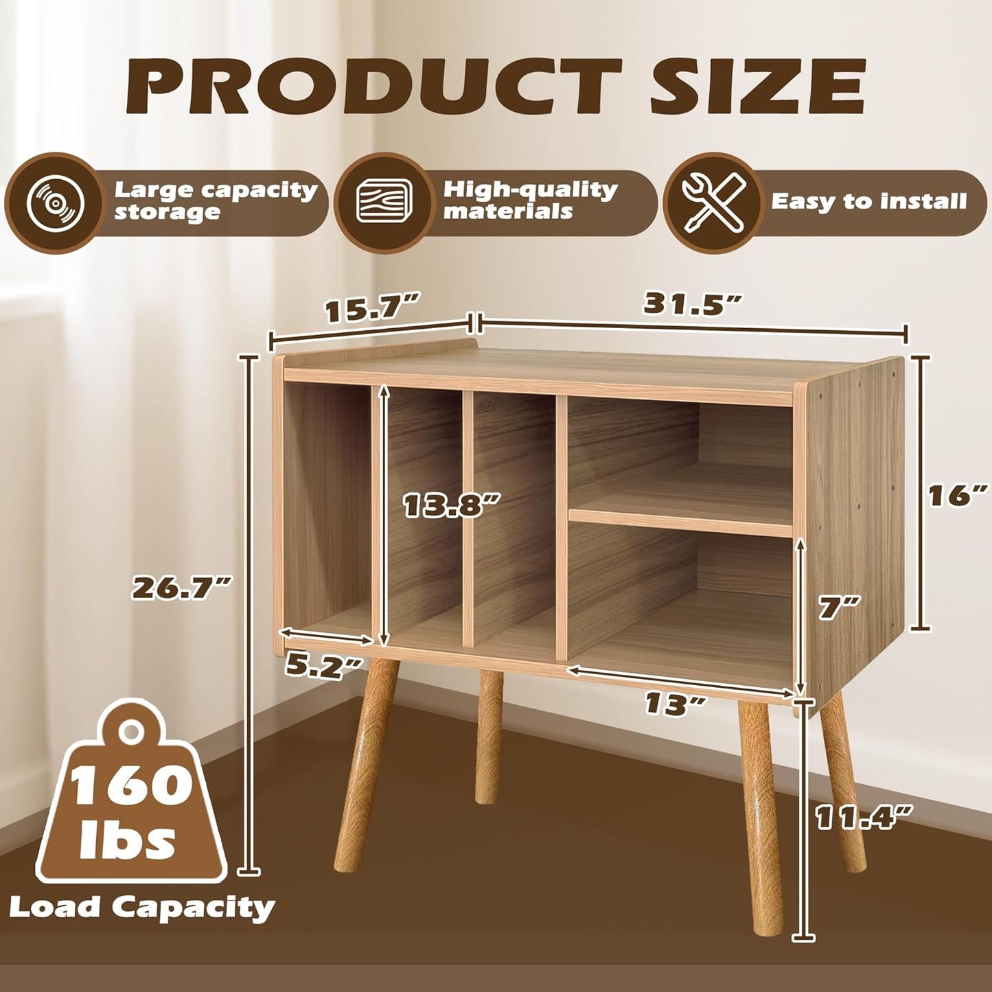 Record Player Stand with Vinyl Storage, Wooden Record Player Table with 5 Cabinet, Large Vinyl Record Player Stand, Record Player Holder, Record Player Shelf for Office Living Room, Oak