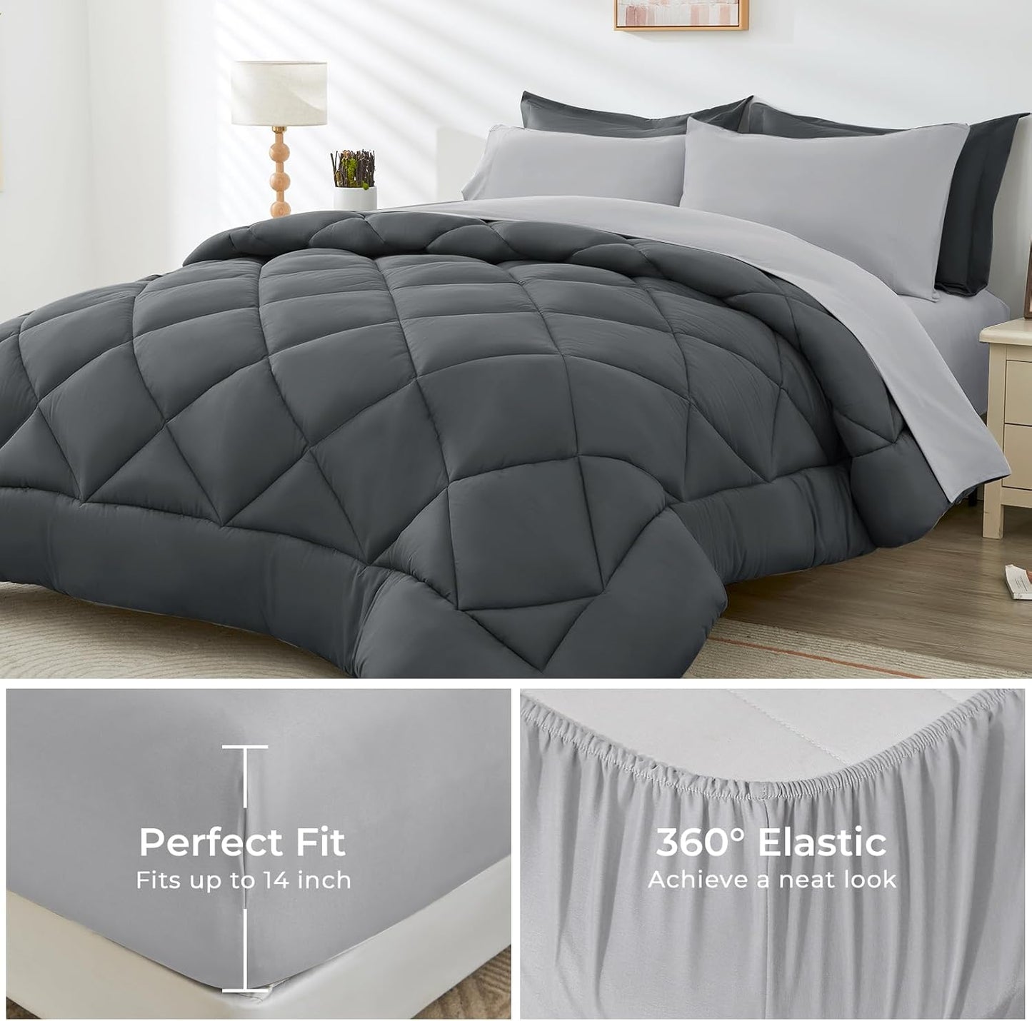 HEVUMYI Oversized Queen Comforter Set - 7-Piece All Season Bed in a Bag Oversized Queen, Ultra Soft Bedding Set with Comforter, Flat Sheet, Fitted Sheet, Pillowcases, Dark Grey & Light Grey