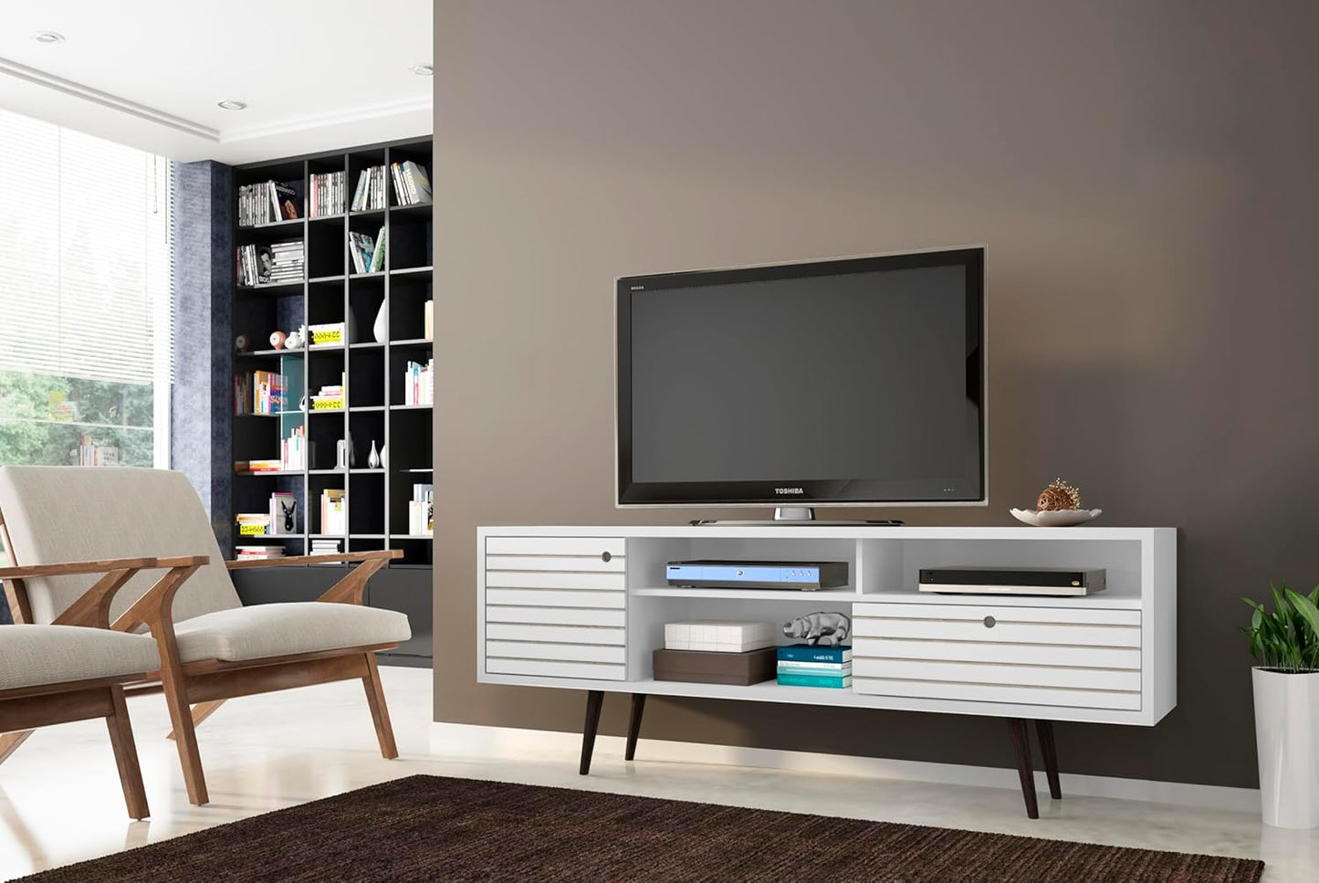Manhattan Comfort Liberty Mid Century Modern TV Stand for Televisions up to 65 Inches, Bedroom and Living Room Entertainment Center with Storage, Shelves, and Cabinet, 71" Wide, White