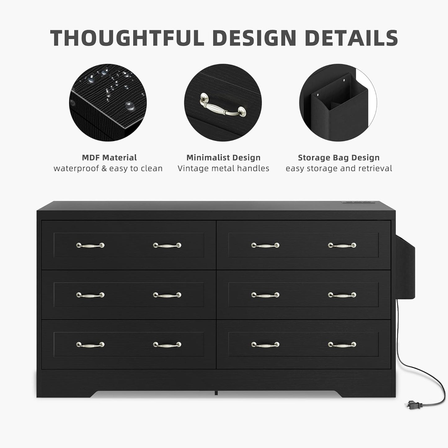 YITAHOME Drawers TV Stand for 65 inches with Power Outlets -Chest of Drawers Dresser with Side Organizer Bag Entertainment Center TV Console, Black