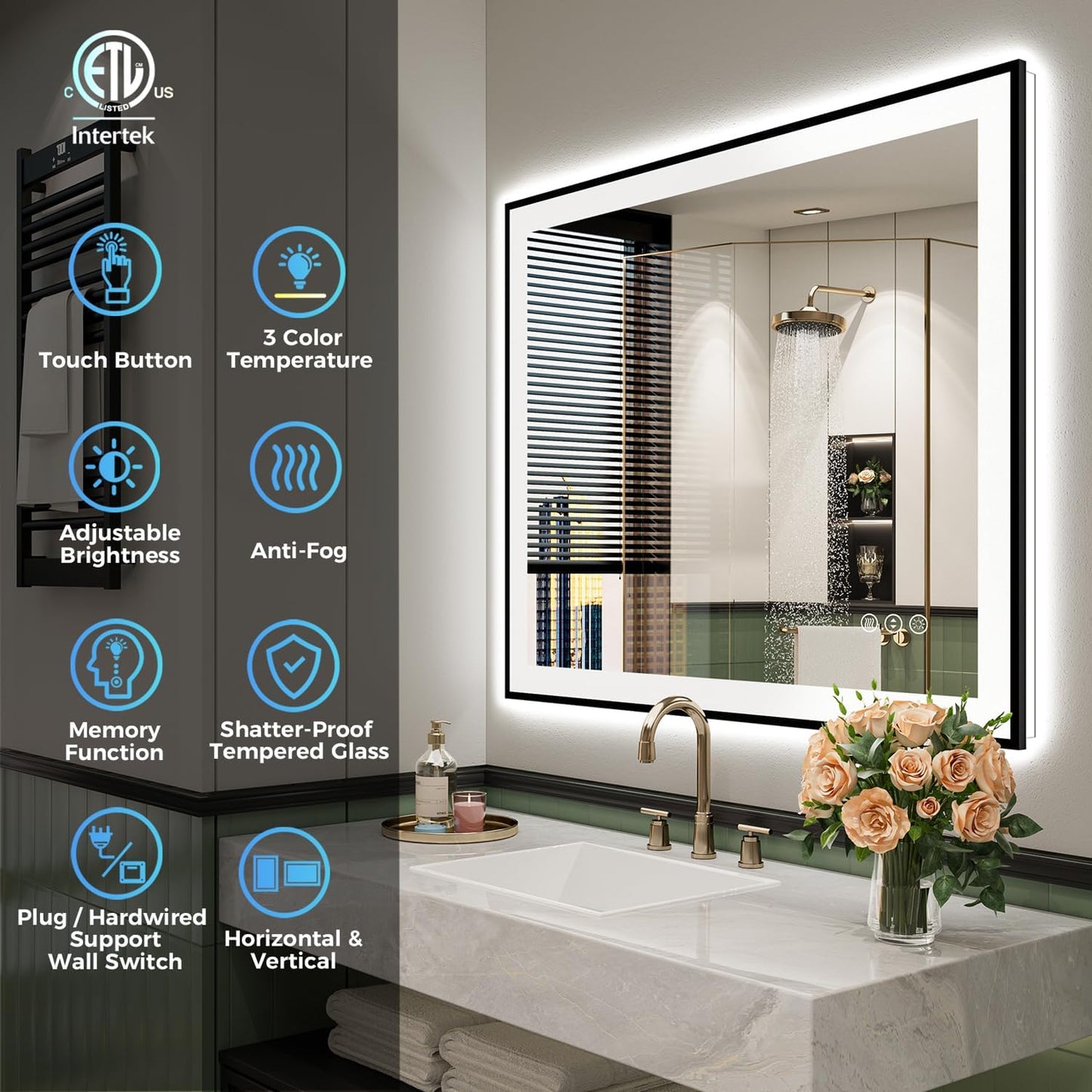 40x30 Inch LED Bathroom Mirror with Lights (Front Lit and Backlit) Black Framed Lighted Vanity Mirror for Bathroom Wall Dimmable Anti-Fog Memory Tempered Glass Horizontal/Vertical