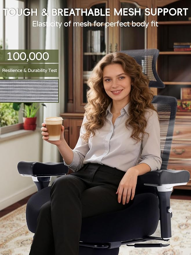 Office Chair 500lbs, Ergonomic Desk Chair with W Thick Cushion & 4D Armrest, Executive Mesh Desk Chair with Adjustable Lumbar, 2D Headrest, Footrest, Swivel Task Chairs for Home Office Gaming, Black