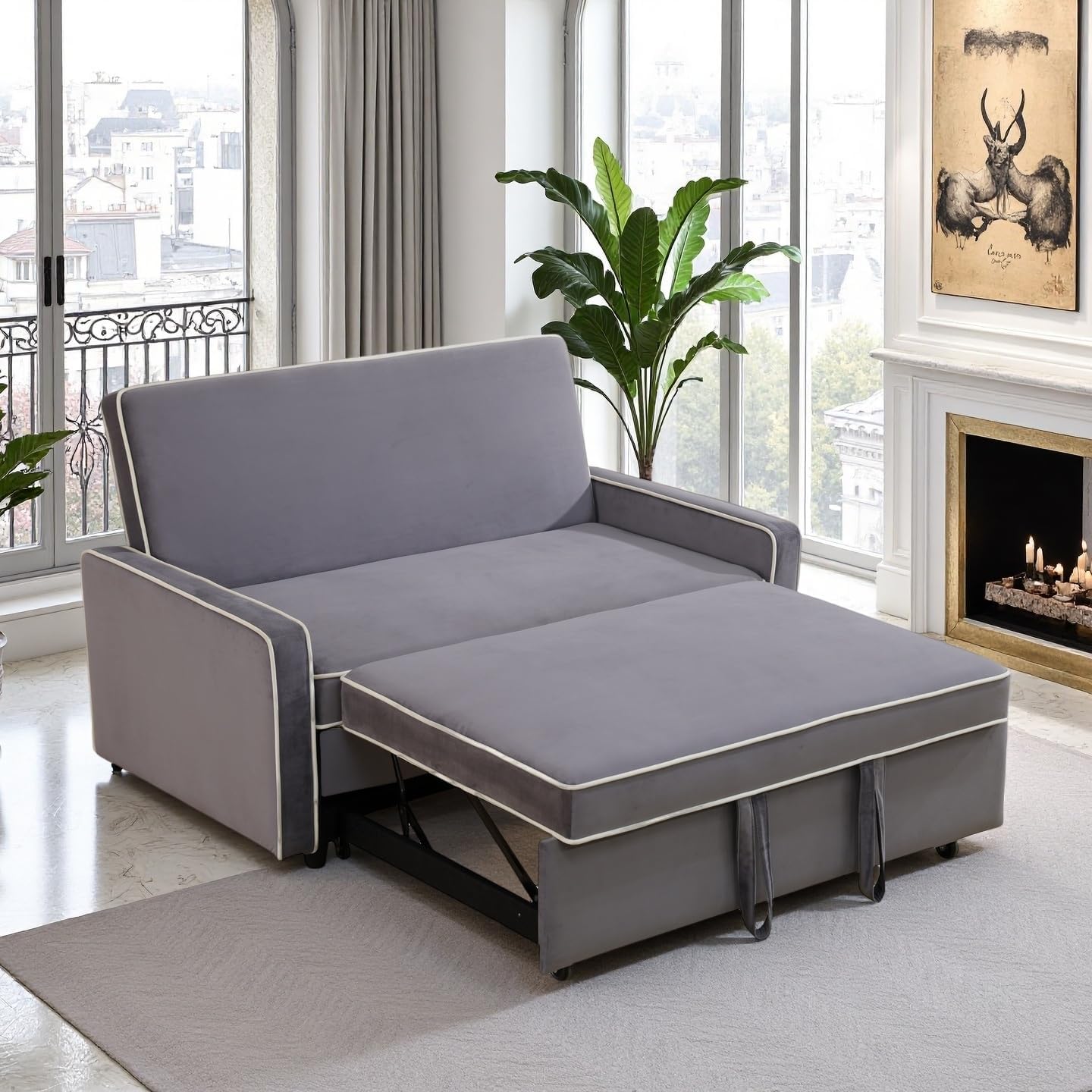 53 Inch Convertible Pull Out Sofa Bed, Sleeper Couch with Fluffy Fabric, Loveseat with Adjustable Backrest for Living Room, Bedroom, Apartment, Light Grey