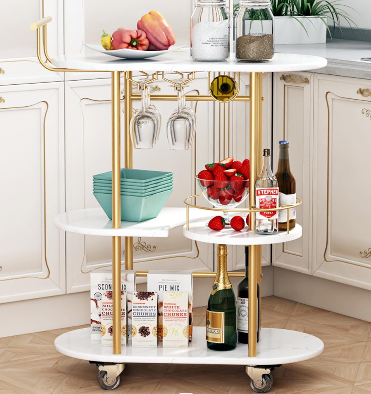 3 Tier Gold Bar Carts for Home Bar Serving Cart with Wheels, Heavy Duty Bar Wine Cart with Storage Shelves, for The Living Room, Kitchen, Bar, Party