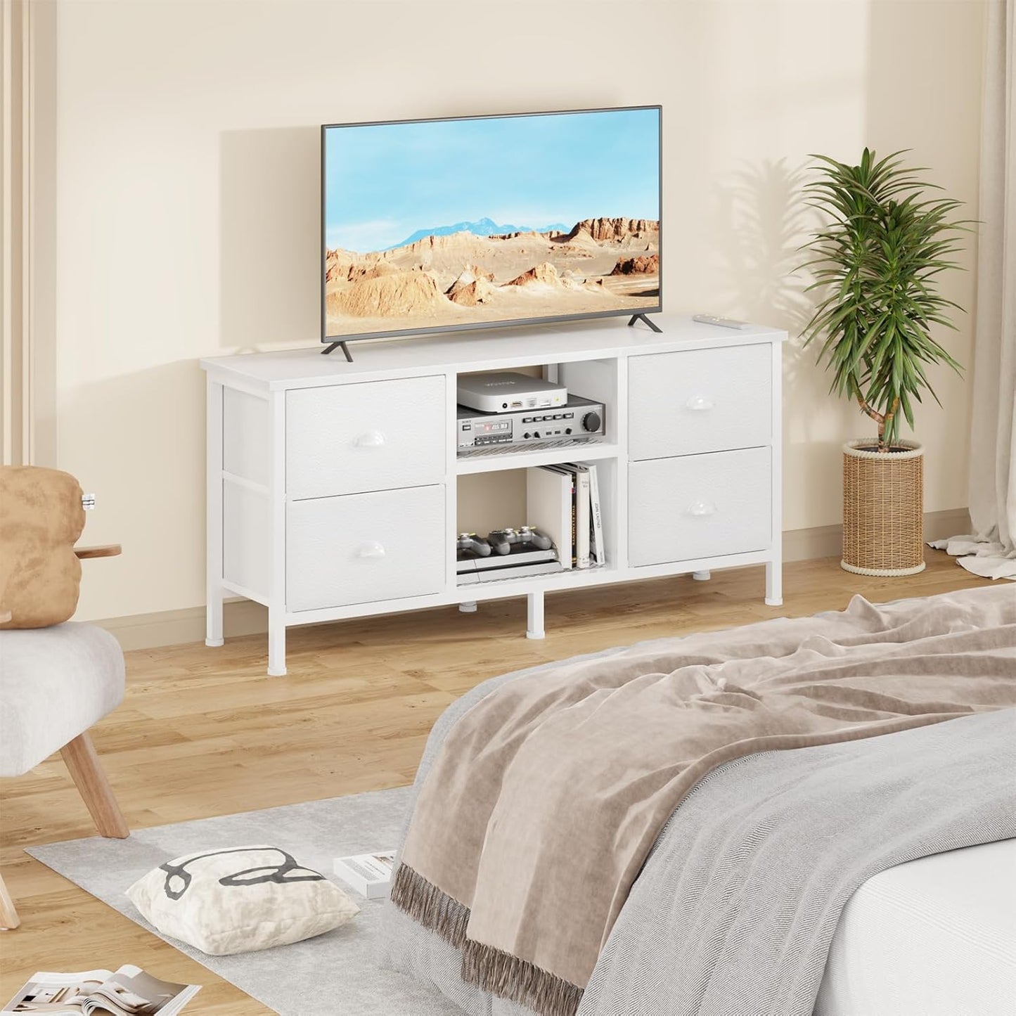 Furologee TV Stand Dresser with 4 Drawers, Entertainment Center with Open Shelf, Small Television Stands for 50" TV, Media Center for Bedroom, Living Room/White