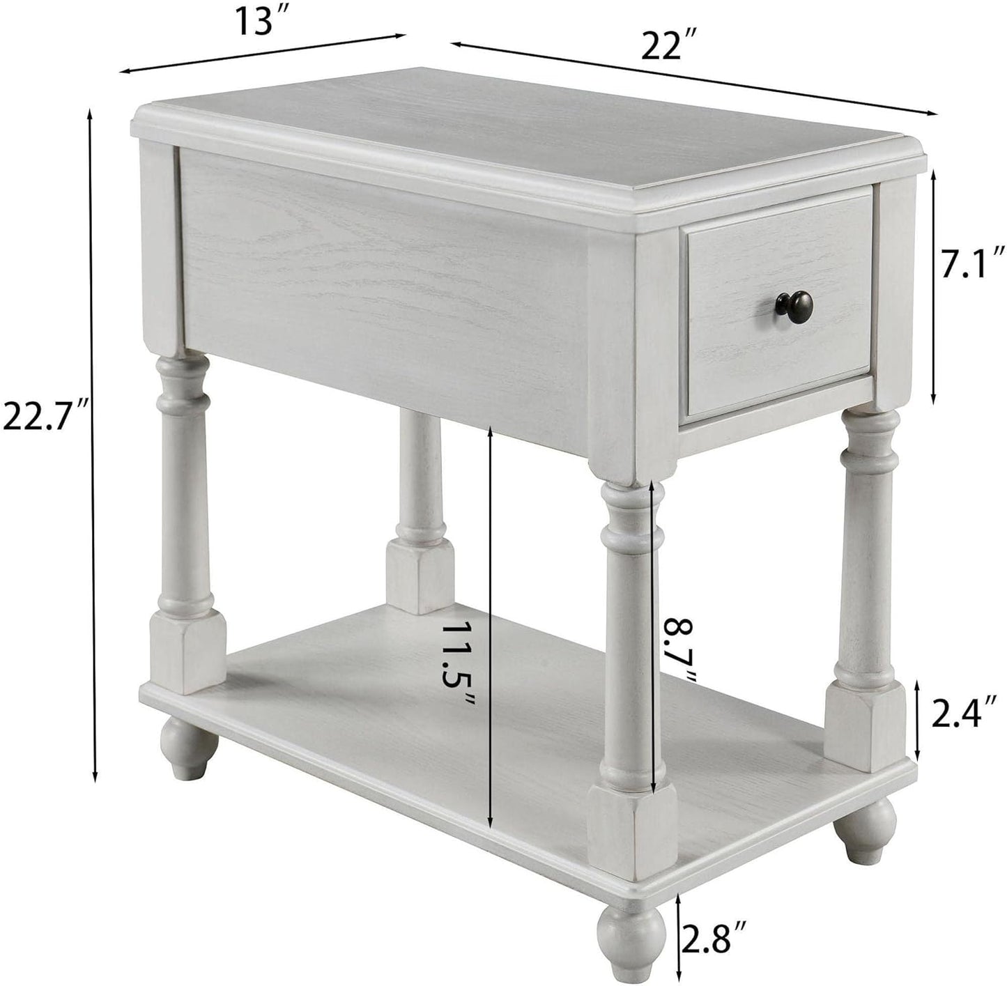 LEEMTORIG Solid Wood End Table Narrow Side Table with Drawer, Cherry Wood End Table Living Room, 13" W Slim Bedside Table Small Nightstand, 22" D x 22.7" H, No-Tools Assembly, Gray White BBJ-004-RW