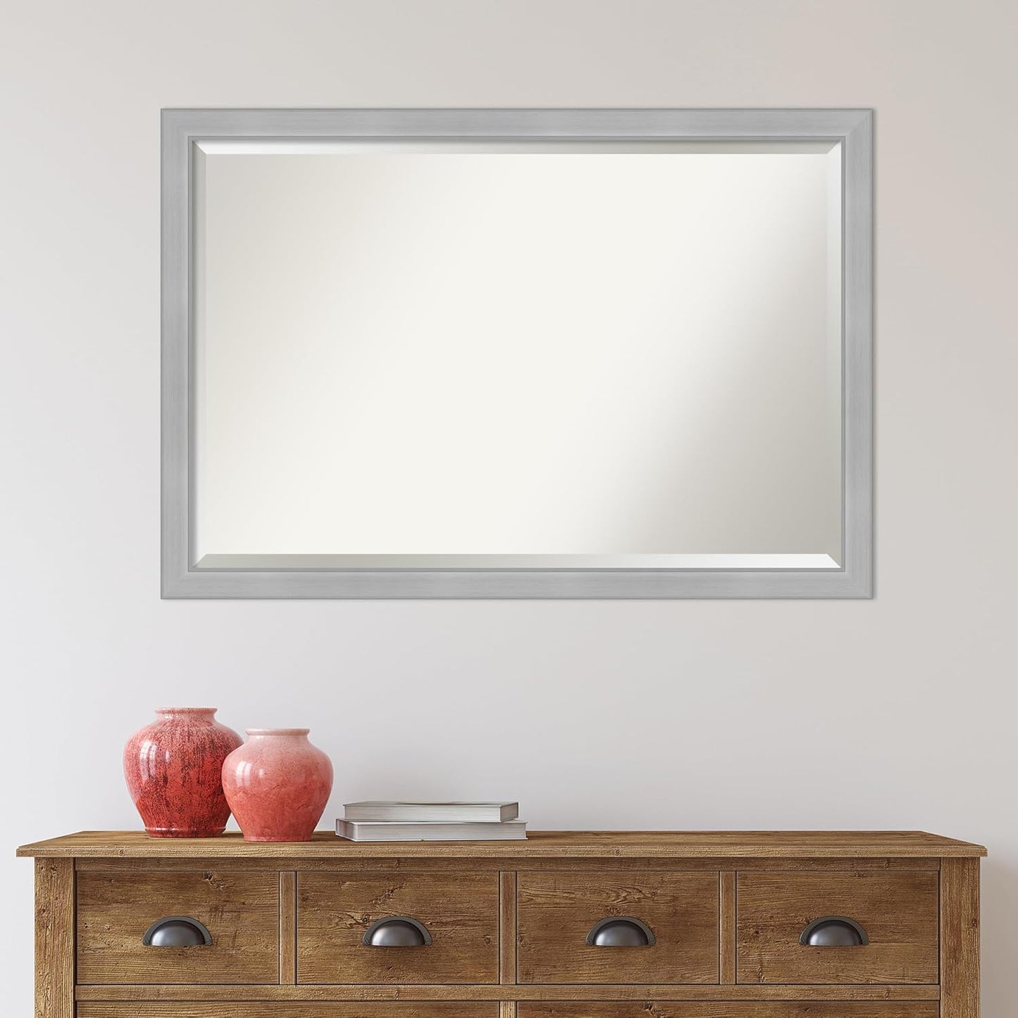 Amanti Art Silver Bathroom Mirror for Over Sink, 27x39 Vista Brushed Nickel Narrow Rectangle Vanity Mirror, Large Casual Frame, Hangs Horizonally and Vertically, Bathroom Wall Decor, Beveled Edge