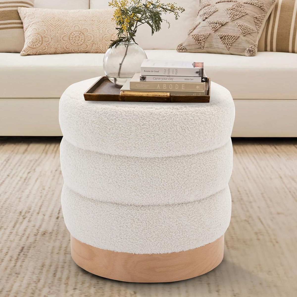COLAMY Sherpa Ottoman Footstool, Tufted Modern Foot Rest Stool with Wood Base for Living Room, Bedroom, Desk, Round Versatile Side End Table, Pouf, Makeup Seat,2pcs,Cream