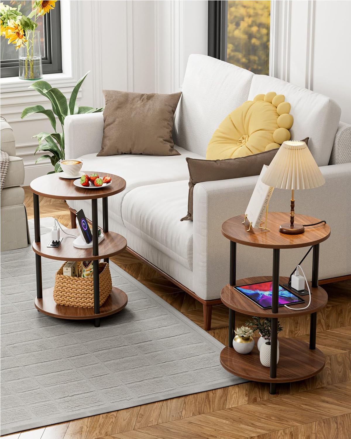 Small Round End Table - 3 Tier Design Accent Table, Narrow Side or Bedside Stand, Industrial Vintage Table for Small Spaces, Built-in USB Ports and Power Outlet, Rustic Walnut