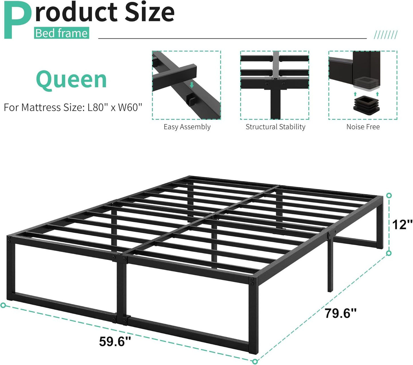12 Inch Bed Frame Queen Size Heavy Duty Steel Slat Support Metal Platform Queen Bed Frame No Box Spring Needed, Easy Assembly, Black