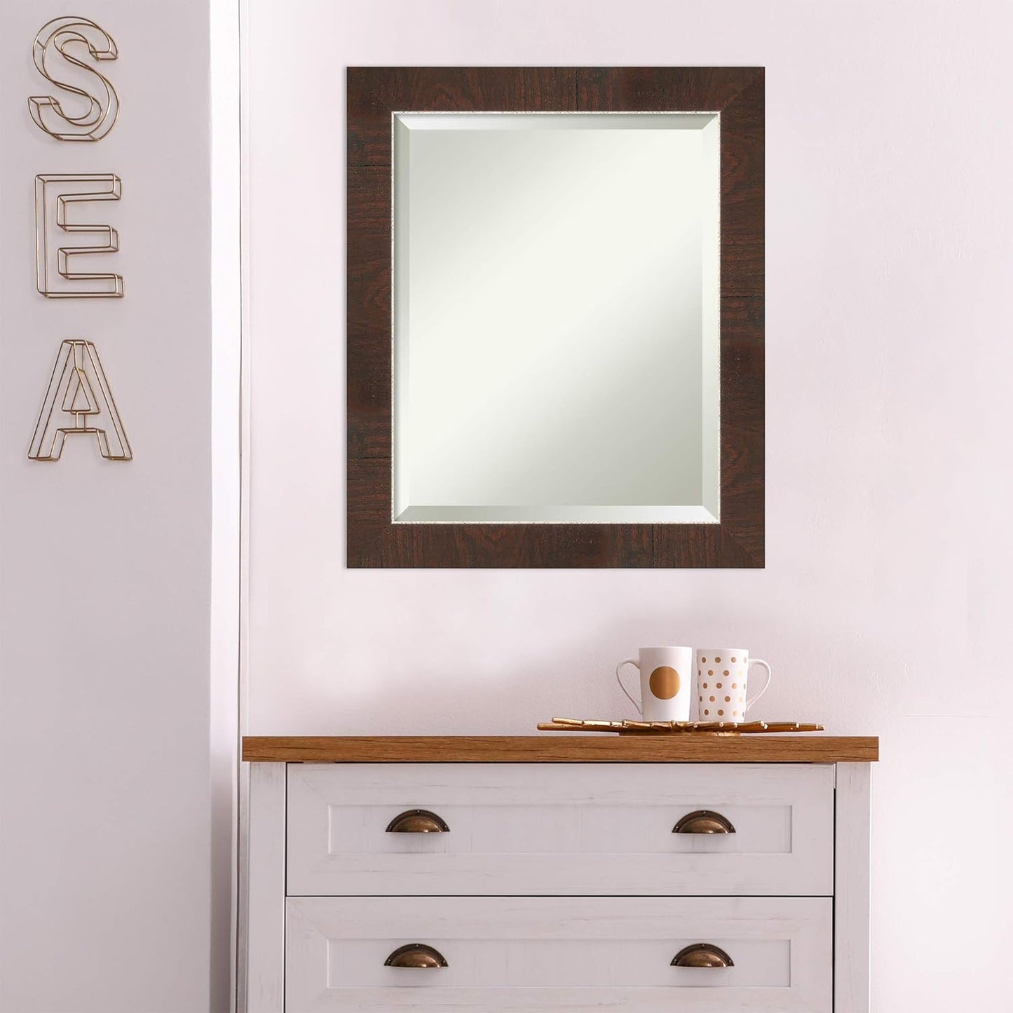 Amanti Art Brown Bathroom Mirror for Over Sink, 23x19 Wildwood Brown Narrow Rectangle Vanity Mirror, Small Rustic Farmhouse Frame, Hangs Horizonally and Vertically, Bathroom Wall Decor, Beveled Edge