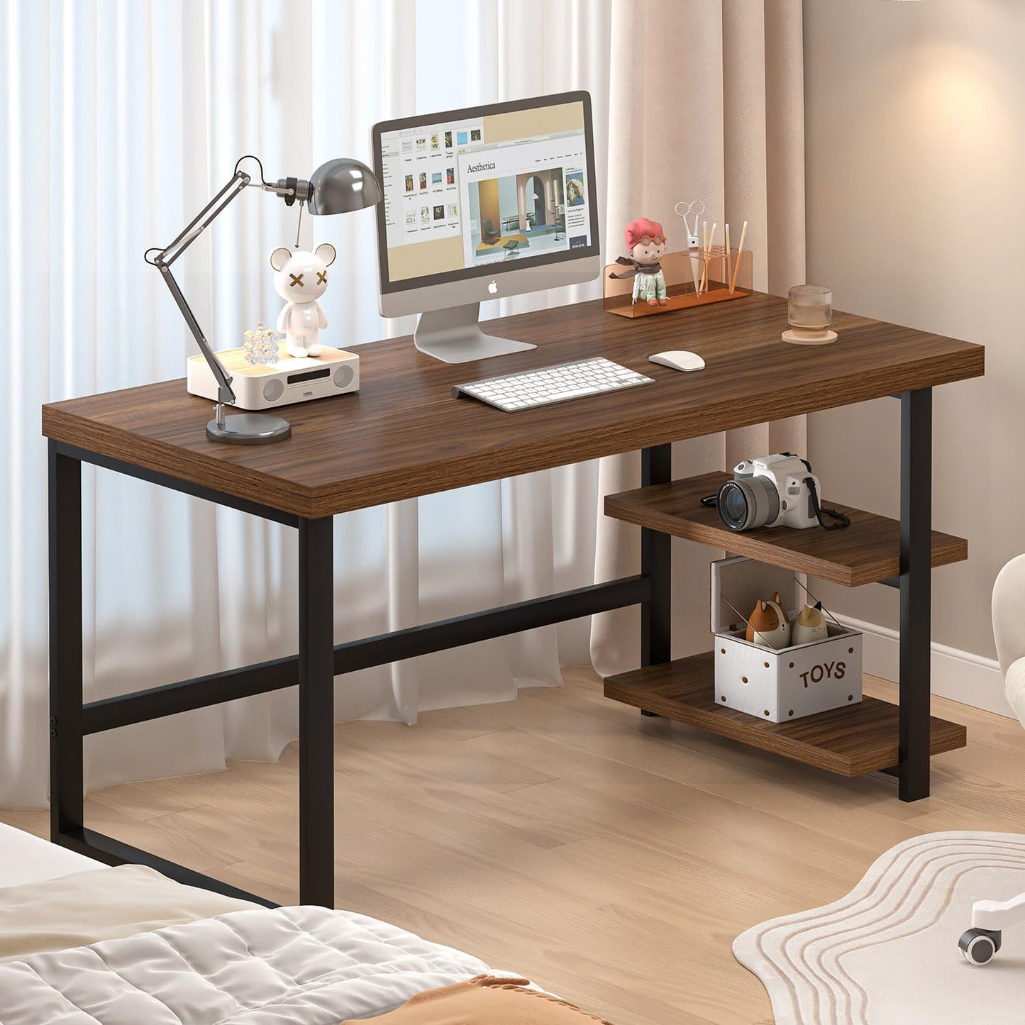 FOLUBAN 47 Inch Computer Desk, Small Home Office Desk with Storage Shelves, Industrial Writing Study Gaming Table Workstation for Living Room Bedroom, Rustic Walnut