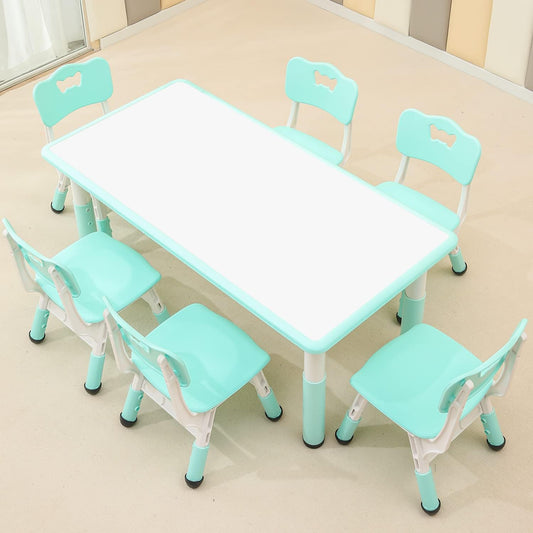 Children's Table and Chair Set Suitable for Boys and Girls Age 2-12 Height Adjustable Table top Can be Painted with 6 Seats Suitable for Family Learning Daily use (Mint Green)