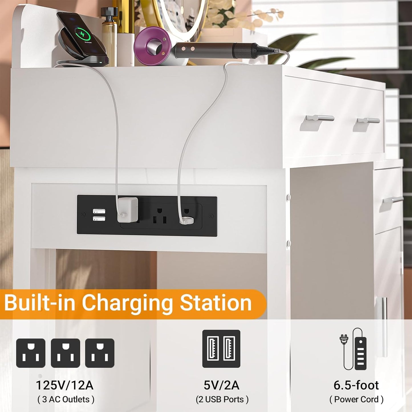 Vanity Desk with 4 Storage Drawers - Modern Makeup Vanity Table with Charging Station, White Vanity Desk with Reversible Cabinet Dressing Table Set with Divided Organizers for Women Girls, White