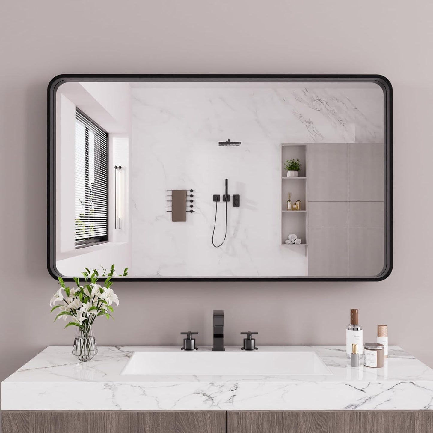 Black Bathroom Mirror 72X32 Inch, Black Metal Framed Mirror for Wall, Rounded Rectangle Matte Bathroom Vanity Mirror with Tempered Glass, Anti-Rust, Horizontal/Vertical