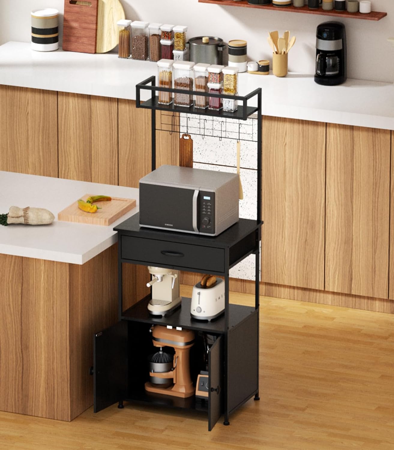 5-Tier Coffee Bar Cabinet & Microwave Stand with Storage, 2 Doors, 4 S-Hooks Kitchen Appliance Bakers Rack for Spices, Pots,Coffee Station for Small Spaces,Living Room,Entryway,Black