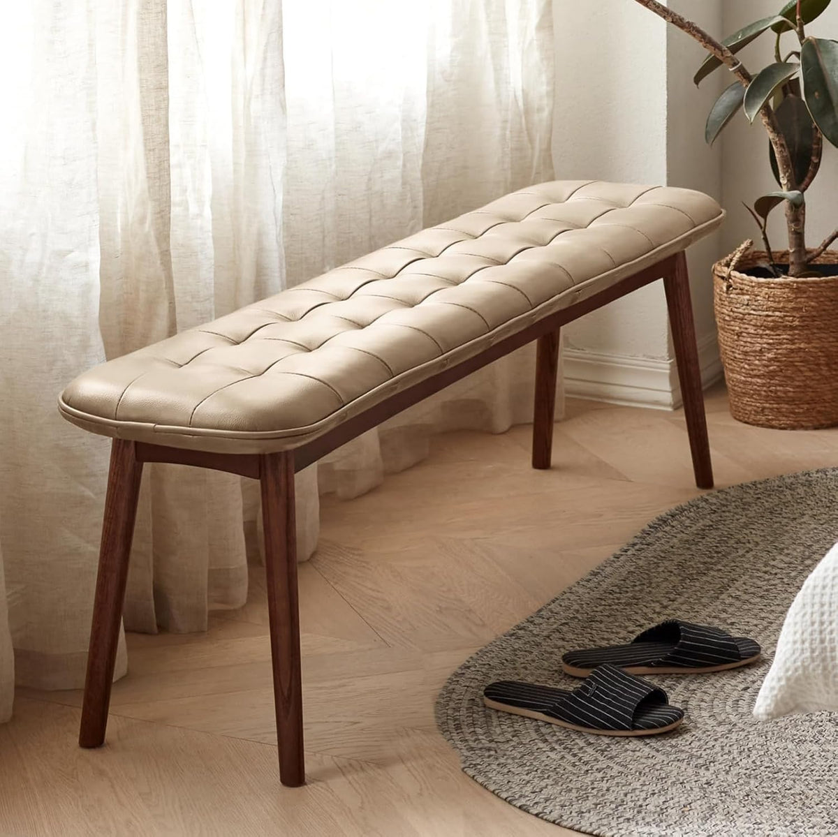 Upholstered Bench, 51.18 in Natural Oak Wood for Dining Table Bench for Living Room with Leather Cushion, End of Bed Footrest Stool Khaki